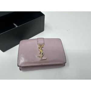 Auth Saint Laurent Fold Purse Mini Wallet Ysl Beige Pink Leather Pre- loved